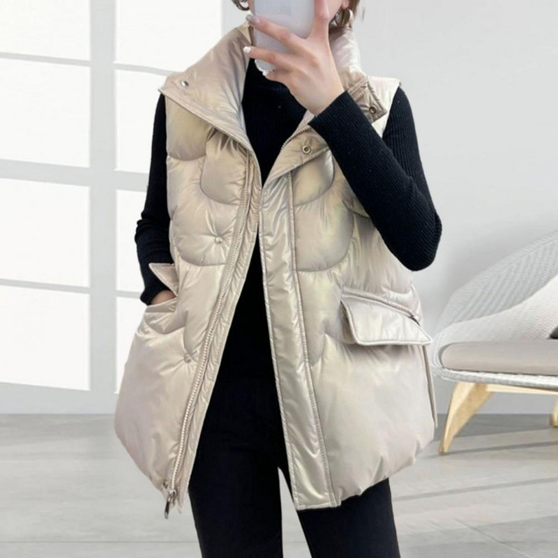 Ženski prsluk bez rukava Moderan ženski pamučni prsluk bez rukava Samostojeći ovratnik, dva džepa, patentni zatvarač za jesen/zimu