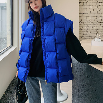 Φθινοπωρινά χειμωνιάτικα αμάνικα μπουφάν Γυναικεία μόδα 2023 Ζεστό χοντρό γιλέκο με φερμουάρ Μασίφ καρό βαμβάκι με επένδυση Outerwaer Streetwear