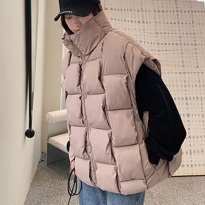 Rudens žieminės striukės be rankovių, moteriškos 2023 m. madingos šiltos storos liemenės su užtrauktuku, vientisos languotos medvilnės paminkštintos viršutinės striukės gatvės drabužiai