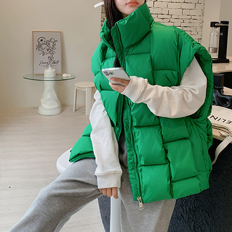 Rudens žieminės striukės be rankovių, moteriškos 2023 m. madingos šiltos storos liemenės su užtrauktuku, vientisos languotos medvilnės paminkštintos viršutinės striukės gatvės drabužiai