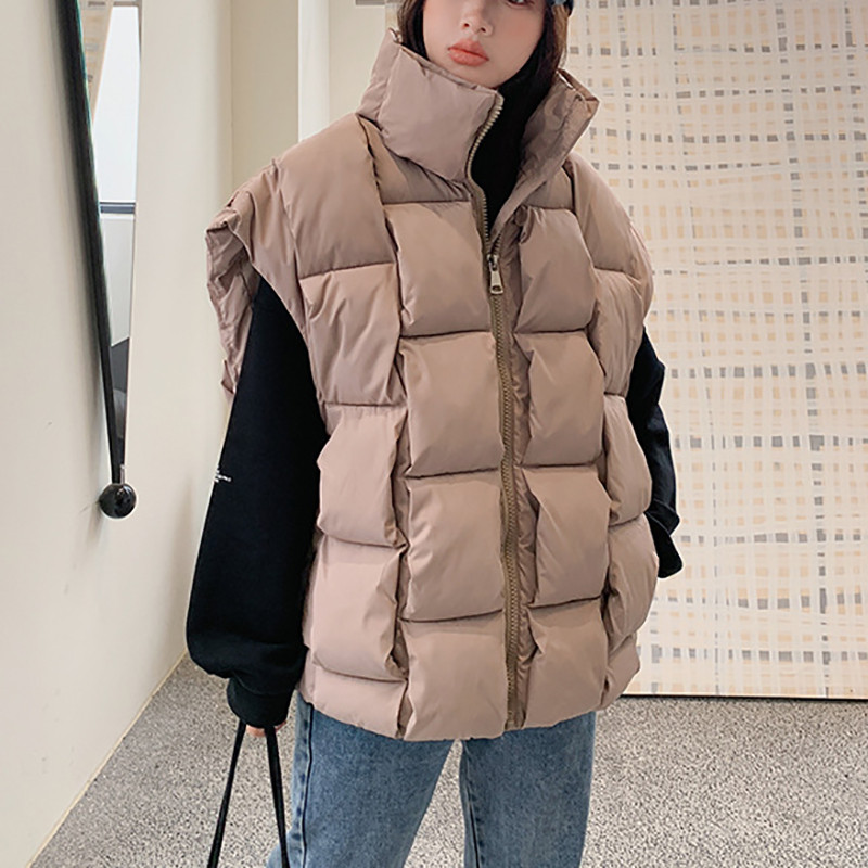 Rudens žieminės striukės be rankovių, moteriškos 2023 m. madingos šiltos storos liemenės su užtrauktuku, vientisos languotos medvilnės paminkštintos viršutinės striukės gatvės drabužiai
