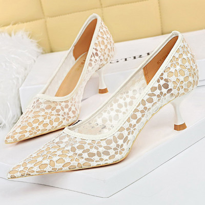 BIGTREE Cipele Mrežaste izrezane čipke Ženske pumpe Kitten Heels Seksi banketne cipele Štileto modne ženske štikle Sandale veličine 43