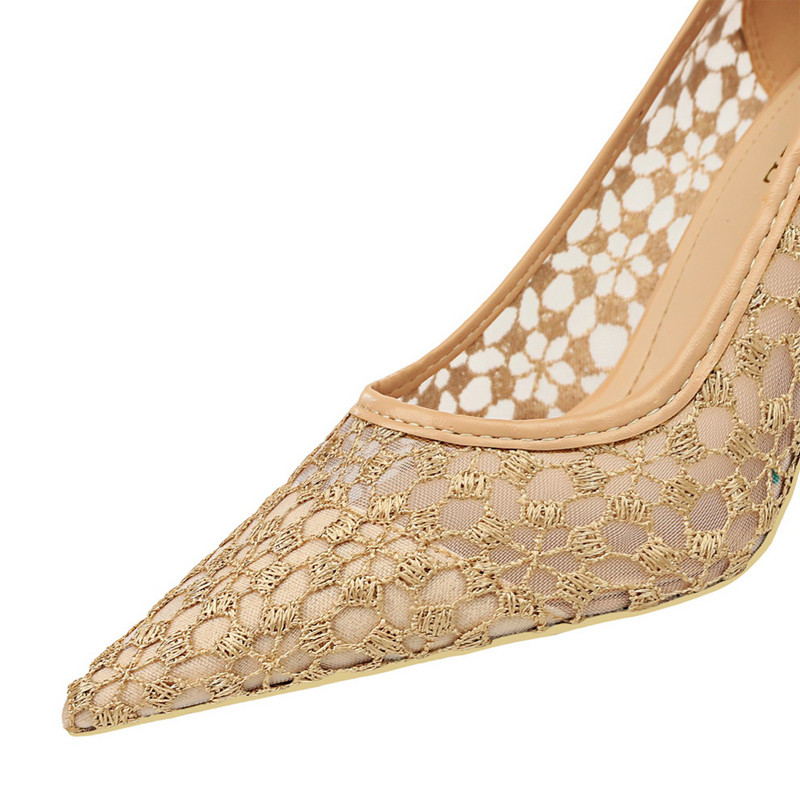 BIGTREE Cipele Mrežaste izrezane čipke Ženske pumpe Kitten Heels Seksi banketne cipele Štileto modne ženske štikle Sandale veličine 43