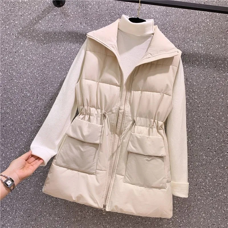 Madinga korėjietiška juosmens pritraukimo pūkinė medvilninė liemenė Nauja 2023 m. rudens žieminė striukė Moteriška pūkinė medvilninė liemenė, moteriška