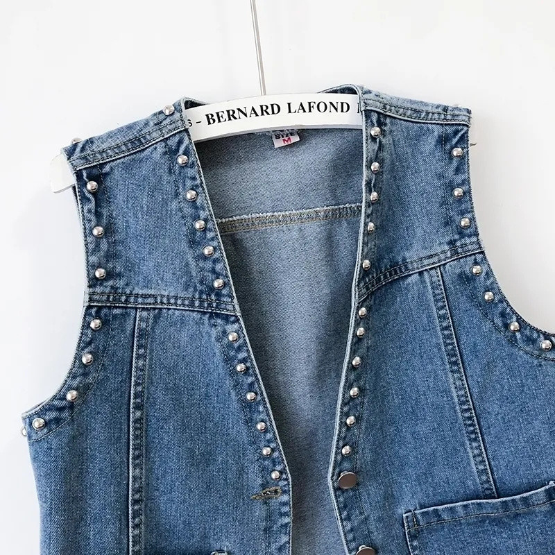 2023 Άνοιξη Καλοκαίρι Τζιν μπουφάν με λαιμόκοψη γυναικείο γιλέκο Γυναικείο αμάνικο κοντό τζιν μπουφάν Cowboy γιλέκο