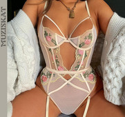 Lenjerie fierbinte Lenjerie transparentă din plasă Body cu croială înaltă Broderie florală Lenjerie sexy scobită Dantela Sârmă Pubertate Lenjerie sexy