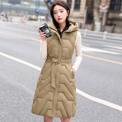 Jakna jesen/zima Ženska pamučna jakna s donjim kaputom 2023. Nova duga jakna bez rukava s remenom i kapuljačom Ženski prsluk Gornja odjeća
