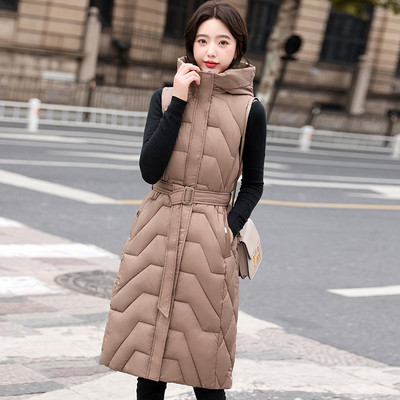 Jakna jesen/zima Ženska pamučna jakna s donjim kaputom 2023. Nova duga jakna bez rukava s remenom i kapuljačom Ženski prsluk Gornja odjeća