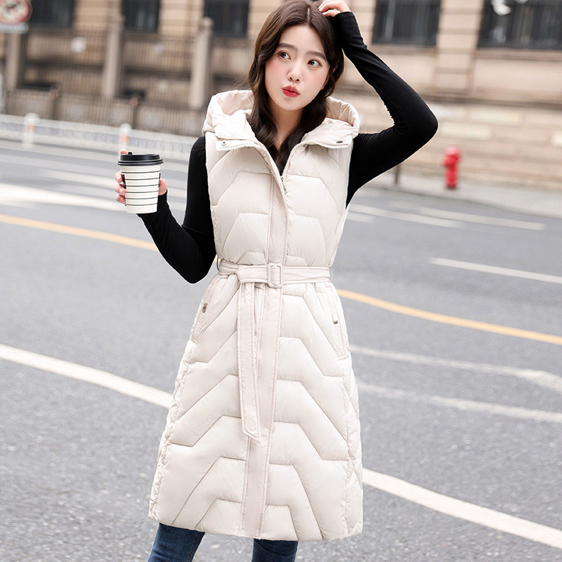 Jakna jesen/zima Ženska pamučna jakna s donjim kaputom 2023. Nova duga jakna bez rukava s remenom i kapuljačom Ženski prsluk Gornja odjeća