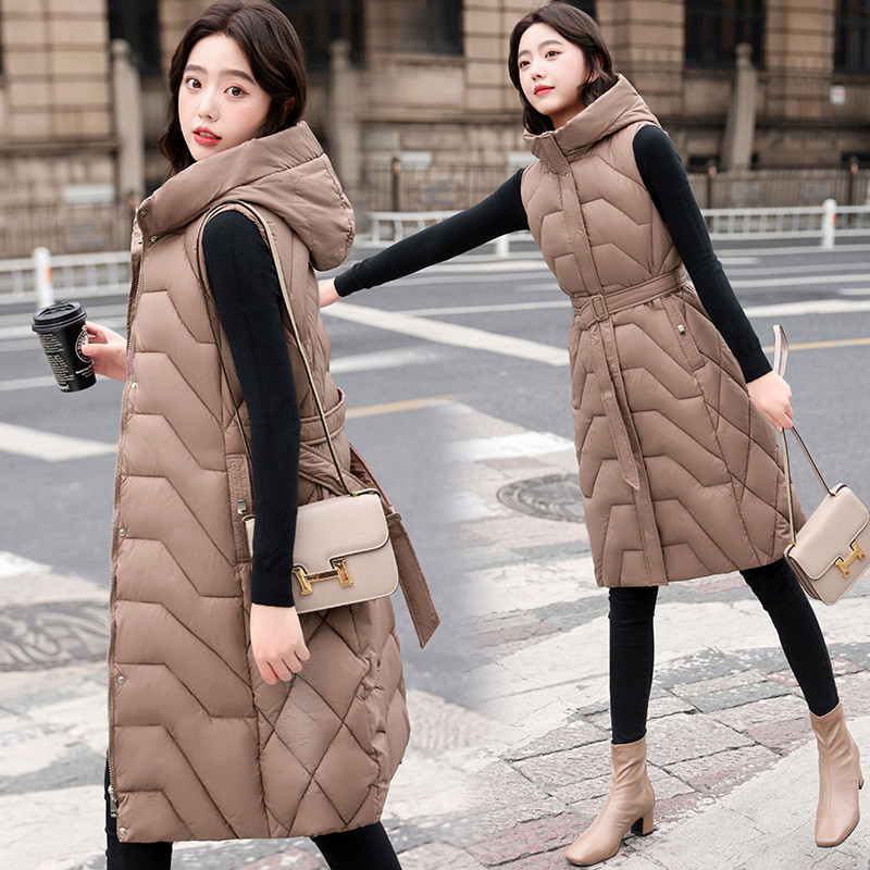 Jakna jesen/zima Ženska pamučna jakna s donjim kaputom 2023. Nova duga jakna bez rukava s remenom i kapuljačom Ženski prsluk Gornja odjeća