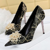 BIGTREE Παπούτσια Pearl Flowers Woman Pumps Rhinestone ψηλοτάκουνα 2023 Νέα πολυτελή γυναικεία τακούνια στιλέτο μεγάλο μέγεθος γυναικείες αντλίες