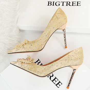 BIGTREE Παπούτσια Pearl Flowers Woman Pumps Rhinestone ψηλοτάκουνα 2023 Νέα πολυτελή γυναικεία τακούνια στιλέτο μεγάλο μέγεθος γυναικείες αντλίες