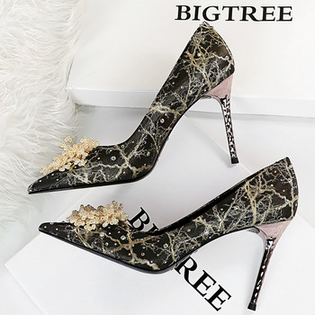 BIGTREE Παπούτσια Pearl Flowers Woman Pumps Rhinestone ψηλοτάκουνα 2023 Νέα πολυτελή γυναικεία τακούνια στιλέτο μεγάλο μέγεθος γυναικείες αντλίες