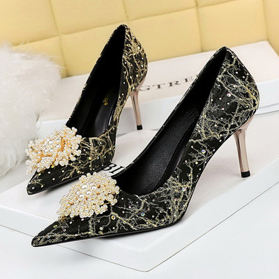 BIGTREE Παπούτσια Pearl Flowers Woman Pumps Rhinestone ψηλοτάκουνα 2023 Νέα πολυτελή γυναικεία τακούνια στιλέτο μεγάλο μέγεθος γυναικείες αντλίες