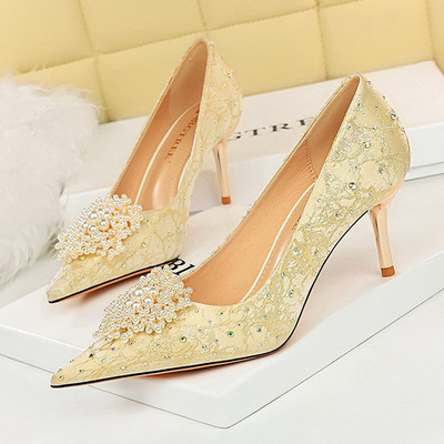 BIGTREE Παπούτσια Pearl Flowers Woman Pumps Rhinestone ψηλοτάκουνα 2023 Νέα πολυτελή γυναικεία τακούνια στιλέτο μεγάλο μέγεθος γυναικείες αντλίες