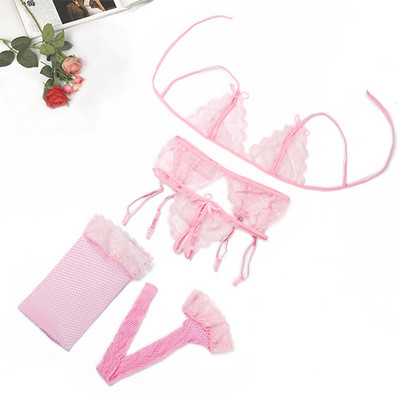 Set de lenjerie de corp sexy Tanga din dantela Lenjerie de dama Lenjerie de corp pentru femei Fashion Temptation 4 buc. Set sutien Push Up transparent Sutiene roșii