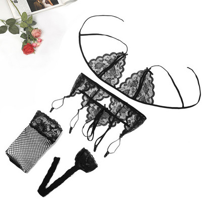 Set de lenjerie de corp sexy Tanga din dantela Lenjerie de dama Lenjerie de corp pentru femei Fashion Temptation 4 buc. Set sutien Push Up transparent Sutiene roșii