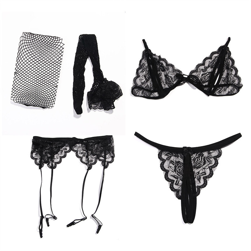 Set de lenjerie de corp sexy Tanga din dantela Lenjerie de dama Lenjerie de corp pentru femei Fashion Temptation 4 buc. Set sutien Push Up transparent Sutiene roșii
