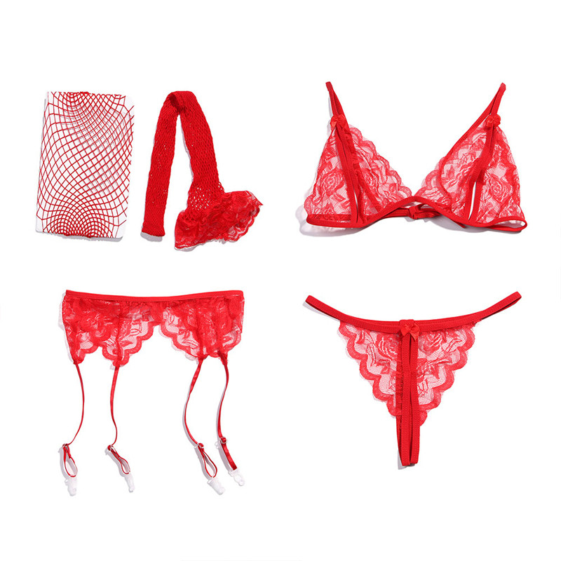 Set de lenjerie de corp sexy Tanga din dantela Lenjerie de dama Lenjerie de corp pentru femei Fashion Temptation 4 buc. Set sutien Push Up transparent Sutiene roșii