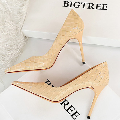 BIGTREE Pantofi cu model țesut Pompe pentru femei Pantofi din piele lăcută Pantofi femei cu toc înalt Lady Stiletto Pantofi sexy de petrecere Plus mărime 43