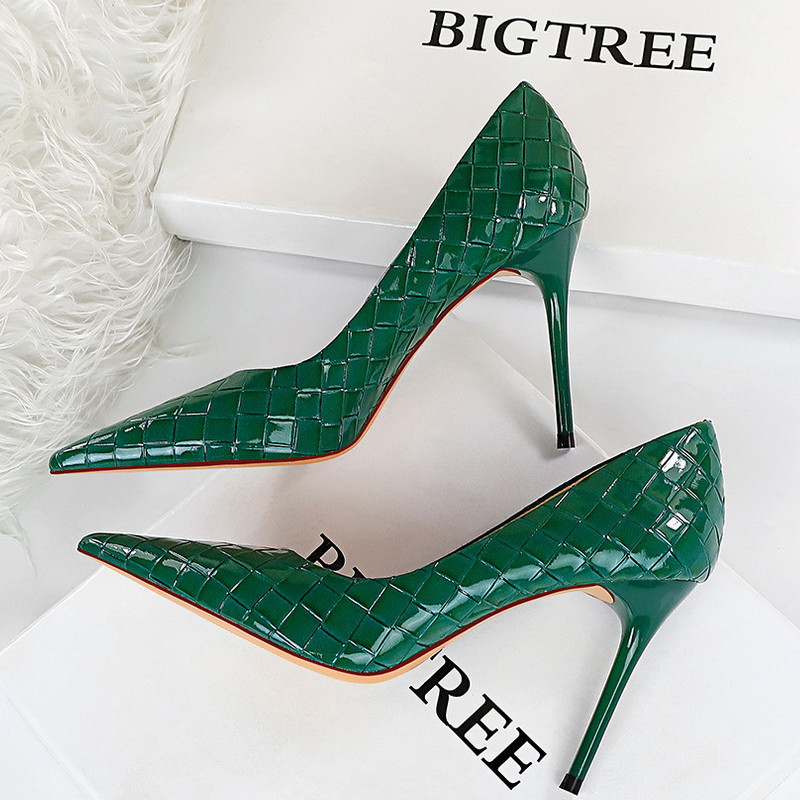 BIGTREE Pantofi cu model țesut Pompe pentru femei Pantofi din piele lăcută Pantofi femei cu toc înalt Lady Stiletto Pantofi sexy de petrecere Plus mărime 43