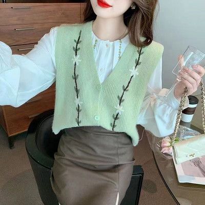 Jarná zimná dámska vesta, pletený kardigan, bez rukávov, vintage vesta, kórejská móda, pletený sveter s háčikom a kvetinovým vzorom H65