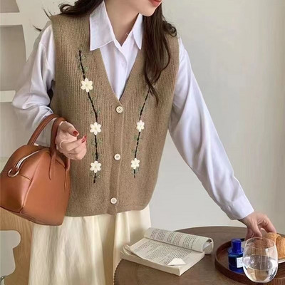 Jarná zimná dámska vesta, pletený kardigan, bez rukávov, vintage vesta, kórejská móda, pletený sveter s háčikom a kvetinovým vzorom H65