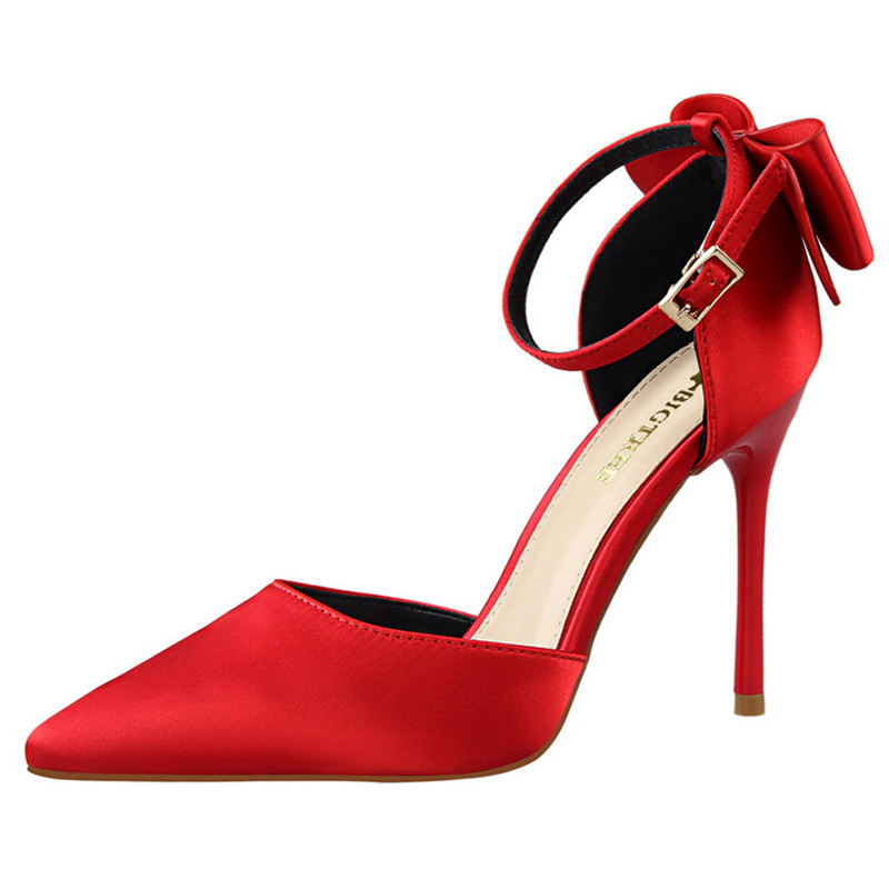 Svilene satenske cipele Ženske cipele s mašnicom Visoke potpetice sa šiljatim krajevima Ženske potpetice Cipele na štikle Ljetne ženske sandale Velika veličina 43
