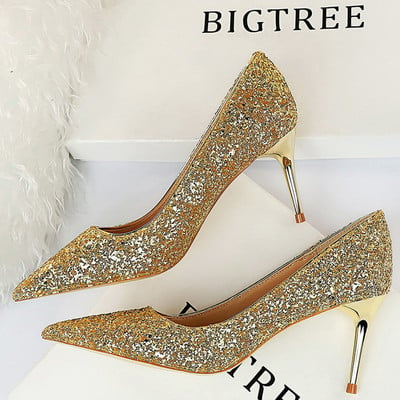 BIGTREE Batai Moteriški Pumps Bling blizgučiai Aukštakulniai Madingi Moteriški Kulnai Stiletto Gold Sliver Vestuviniai Batai Kitten Heels Batai