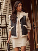 Negru PU blană de miel mozaic femei vestă cu rever fără mâneci gros și cald acoperit buton femeie rezervor toamnă șic casual retro streetwea