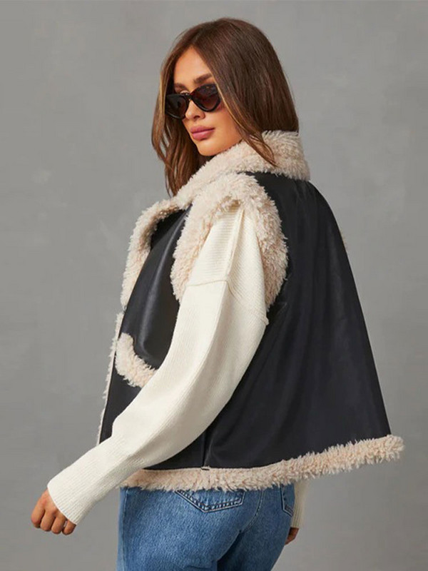 Negru PU blană de miel mozaic femei vestă cu rever fără mâneci gros și cald acoperit buton femeie rezervor toamnă șic casual retro streetwea