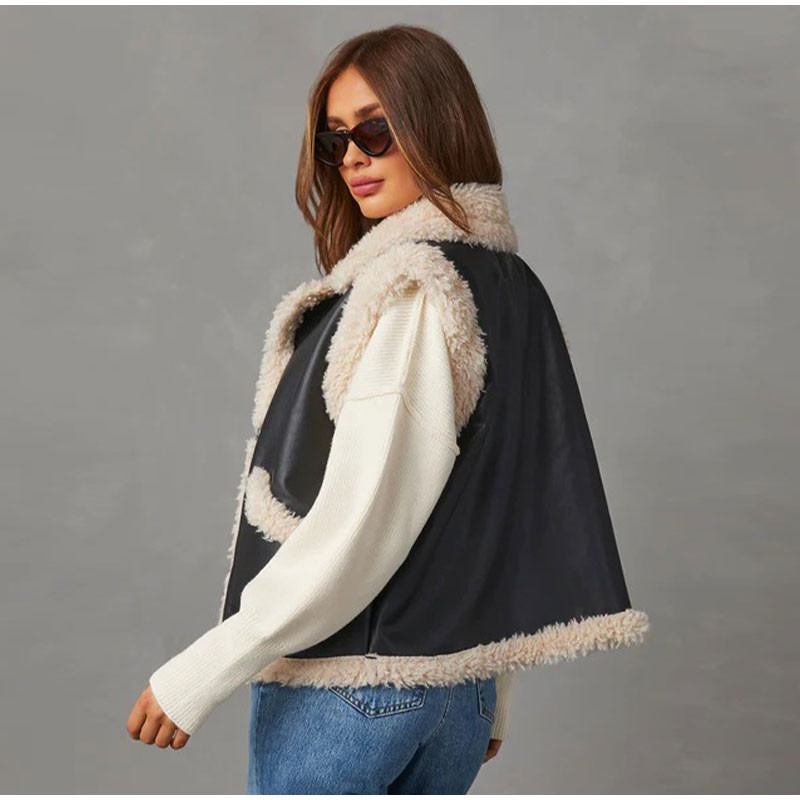 Negru PU blană de miel mozaic femei vestă cu rever fără mâneci gros și cald acoperit buton femeie rezervor toamnă șic casual retro streetwea