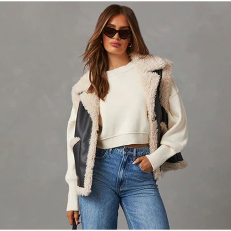 Negru PU blană de miel mozaic femei vestă cu rever fără mâneci gros și cald acoperit buton femeie rezervor toamnă șic casual retro streetwea