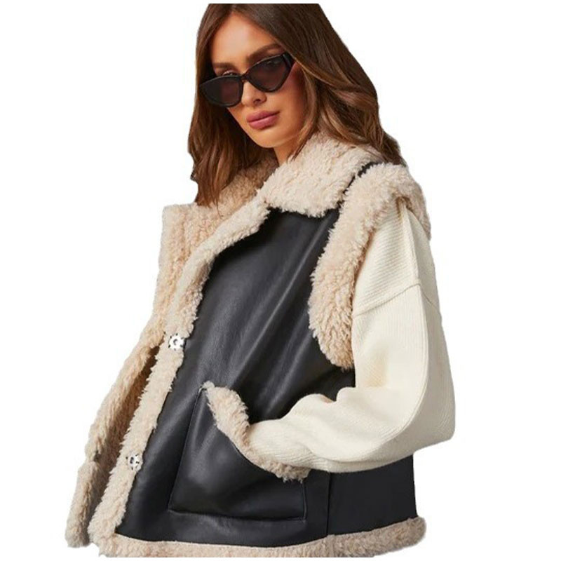 Negru PU blană de miel mozaic femei vestă cu rever fără mâneci gros și cald acoperit buton femeie rezervor toamnă șic casual retro streetwea