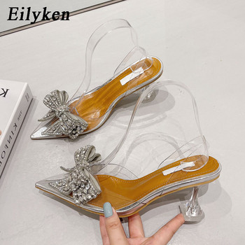 Eilyken Пролет Есен Сребърни дамски помпи с кристални пайети и панделка с ниски високи токчета PVC прозрачни сандали Парти сватбени бални обувки