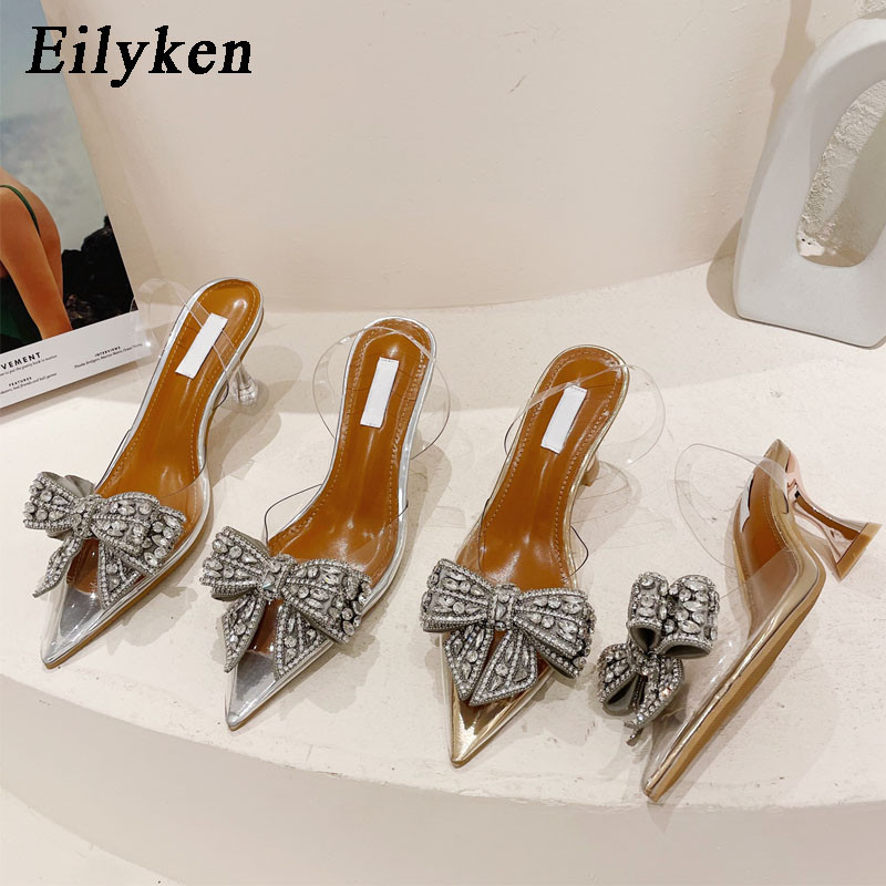 Eilyken Ανοιξιάτικα φθινοπωρινά κρύσταλλα παπιγιόν Ασημένια γυναικεία Pumps Χαμηλά ψηλοτάκουνα PVC διάφανα σανδάλια πάρτι γάμου παπούτσι χορού