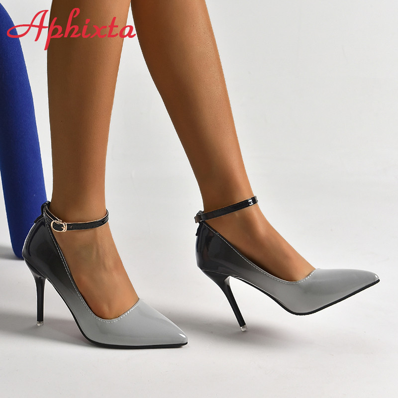 Aphixta New 10cm Γόβες Stiletto Gradient Pumps Γυναικεία Παπούτσια Λουστρίνι λουράκι αστράγαλο Super ψηλά μύτη Super Big 48 49 50