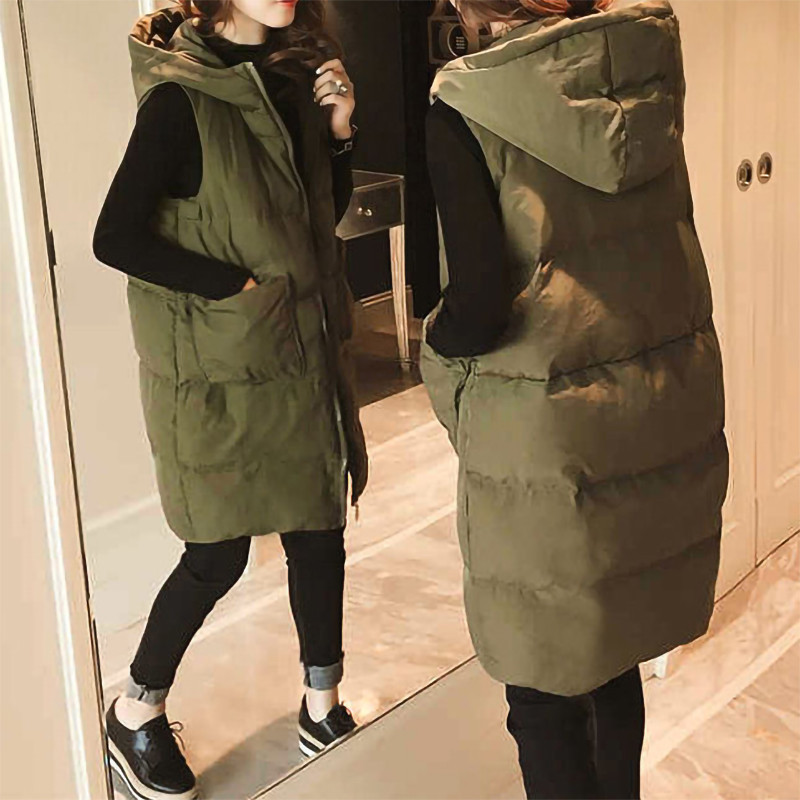 Dámska zimná vesta, dlhá bavlnená bunda, voľná nadrozmerná teplá bunda na chlieb bez rukávov s kapucňou a vreckom, nová