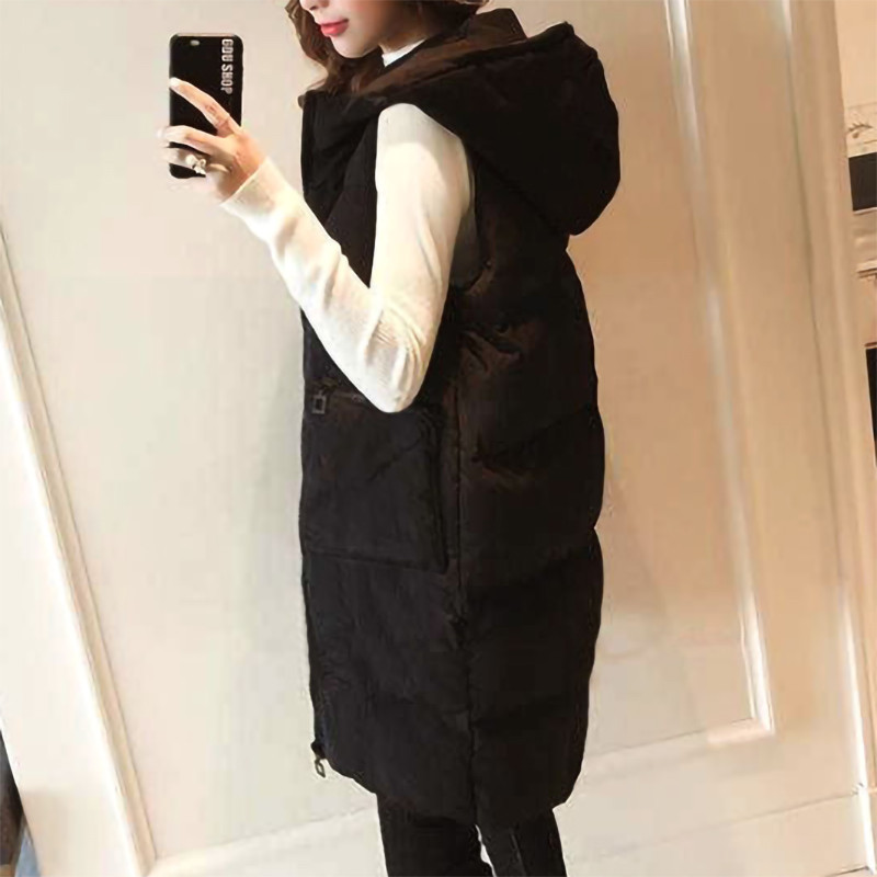 Dámska zimná vesta, dlhá bavlnená bunda, voľná nadrozmerná teplá bunda na chlieb bez rukávov s kapucňou a vreckom, nová