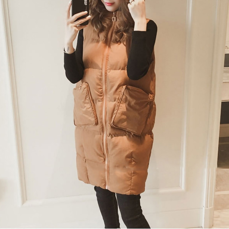Dámska zimná vesta, dlhá bavlnená bunda, voľná nadrozmerná teplá bunda na chlieb bez rukávov s kapucňou a vreckom, nová