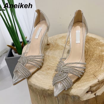 Aneikeh2024 пролет/есен PVC смесени цветове лачена кожа тънки високи токчета Дамски сладки заострени кристални единични обувки с тясна лента