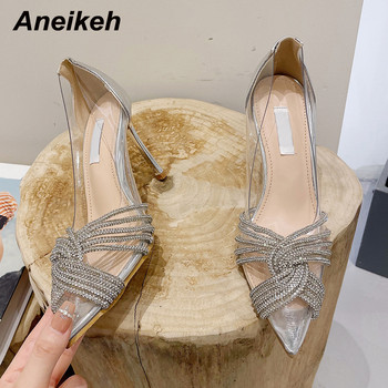 Aneikeh2024 пролет/есен PVC смесени цветове лачена кожа тънки високи токчета Дамски сладки заострени кристални единични обувки с тясна лента
