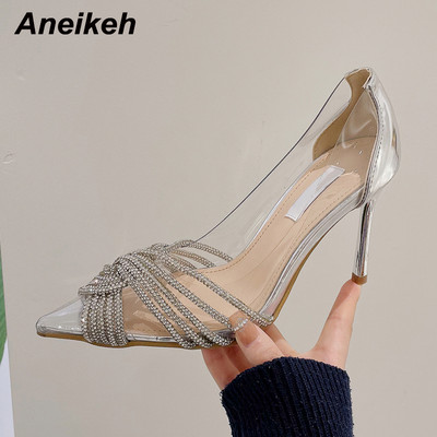 Aneikeh2024 Άνοιξη/Φθινόπωρο PVC μικτών χρωμάτων Λουστρίνι Λεπτά ψηλοτάκουνα Γυναικεία παπούτσια μονόχρωμα με στενό κρύσταλλο με μύτη