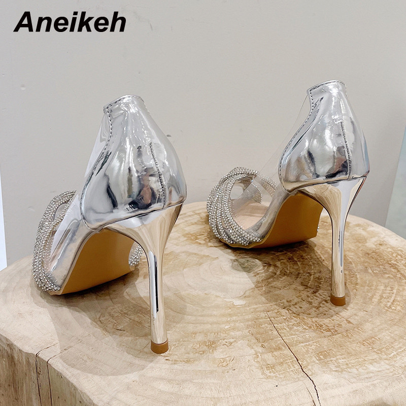 Aneikeh2024 Άνοιξη/Φθινόπωρο PVC μικτών χρωμάτων Λουστρίνι Λεπτά ψηλοτάκουνα Γυναικεία παπούτσια μονόχρωμα με στενό κρύσταλλο με μύτη