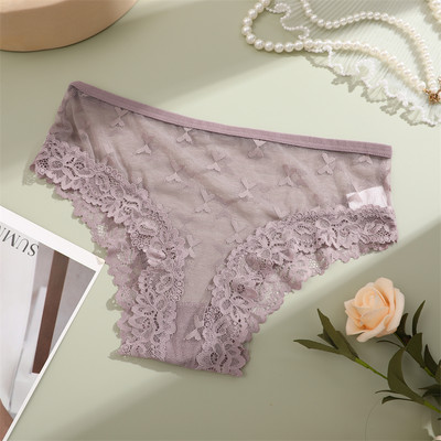 FINETOO Chiloți brazilian din bumbac pentru femei Lenjerie florală din dantelă sexy pentru femei Slip cu talie joasă fără sudură Lenjerie intimă pentru femei