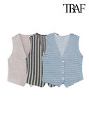 TRAF Γυναικεία μπροστινά κουμπιά γιλέκο με υφή Vintage V λαιμόκοψη αμάνικα γυναικεία πανωφόρια κομψά φανελάκια