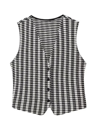 TRAF Γυναικεία μπροστινά κουμπιά γιλέκο με υφή Vintage V λαιμόκοψη αμάνικα γυναικεία πανωφόρια κομψά φανελάκια