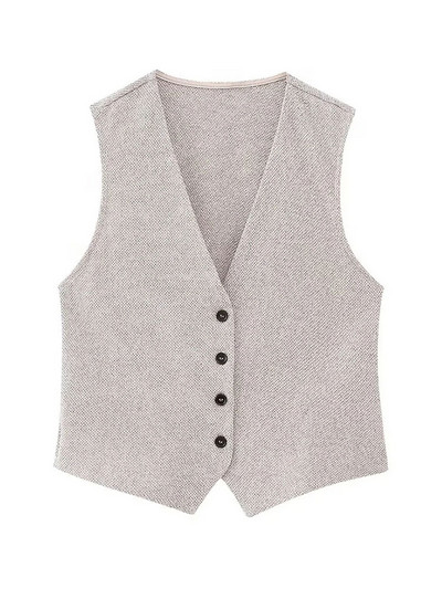 TRAF Γυναικεία μπροστινά κουμπιά γιλέκο με υφή Vintage V λαιμόκοψη αμάνικα γυναικεία πανωφόρια κομψά φανελάκια