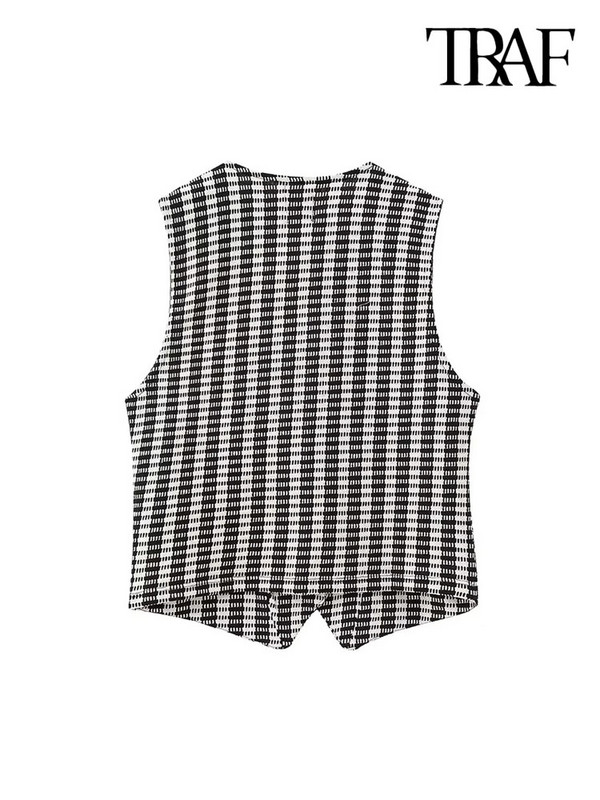 TRAF Γυναικεία μπροστινά κουμπιά γιλέκο με υφή Vintage V λαιμόκοψη αμάνικα γυναικεία πανωφόρια κομψά φανελάκια