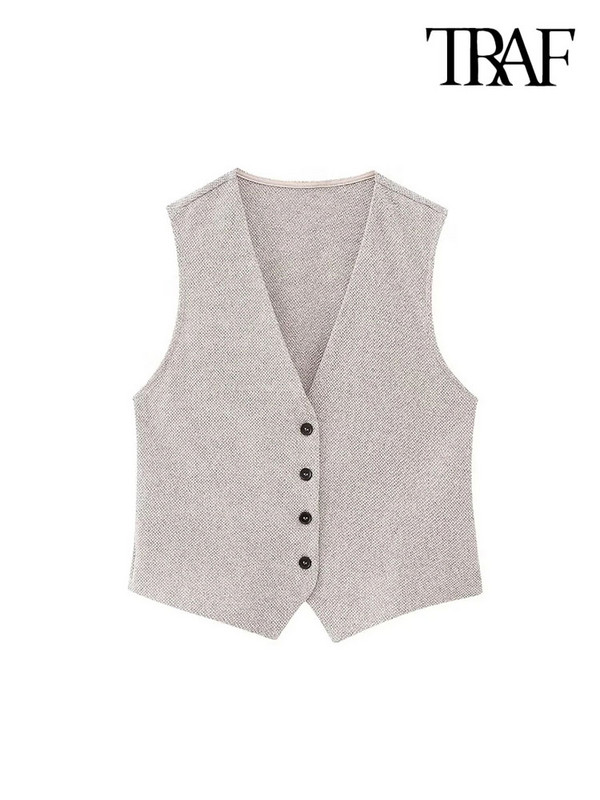TRAF Γυναικεία μπροστινά κουμπιά γιλέκο με υφή Vintage V λαιμόκοψη αμάνικα γυναικεία πανωφόρια κομψά φανελάκια
